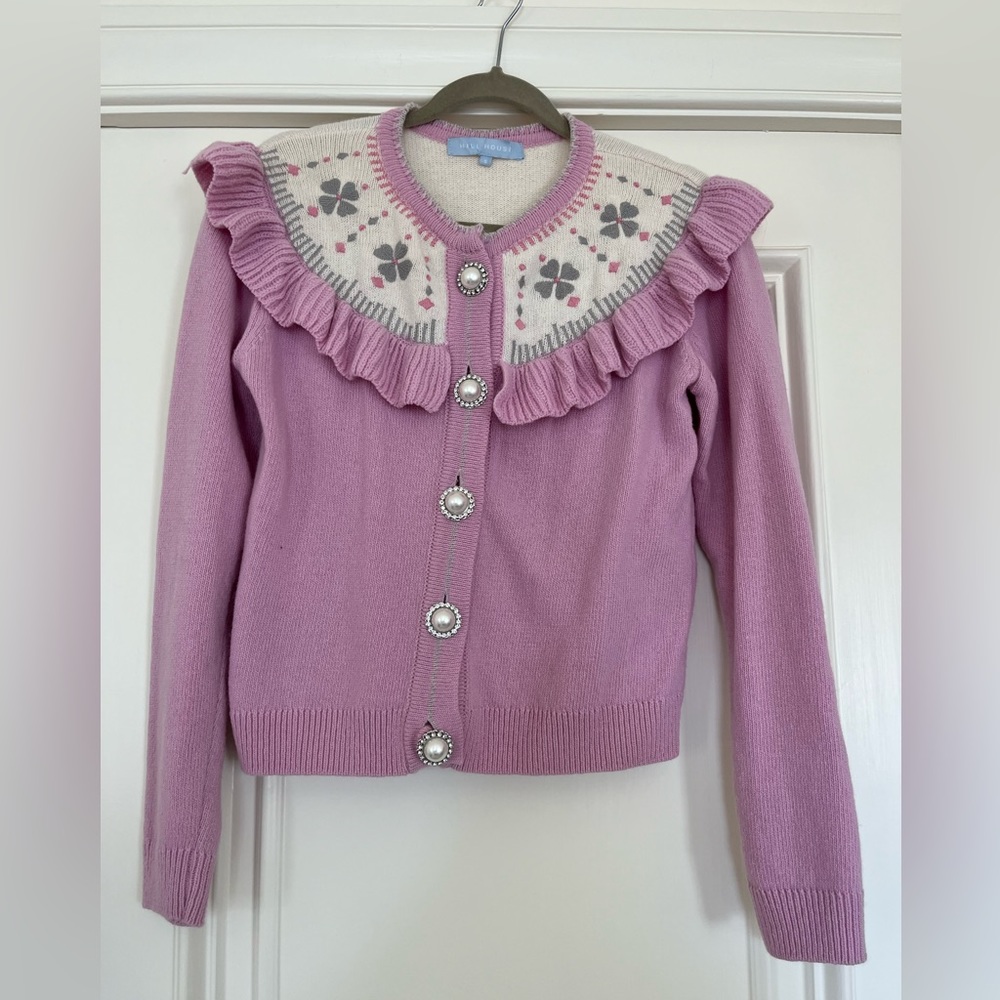 Hill house ruffle detail, rhinestone button cardigan - size small
